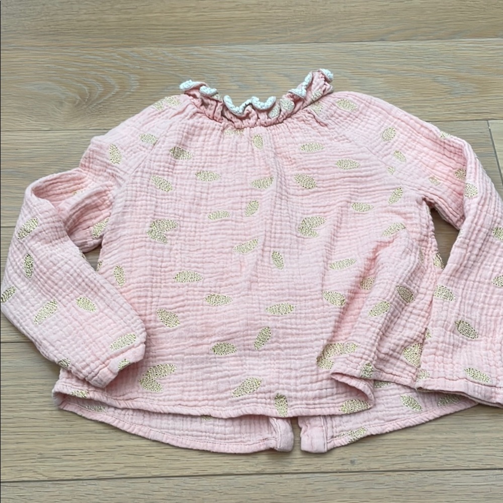 Louise Misha Pale Coral Pink Ruffled Blouse with Gold Embroidery Detail